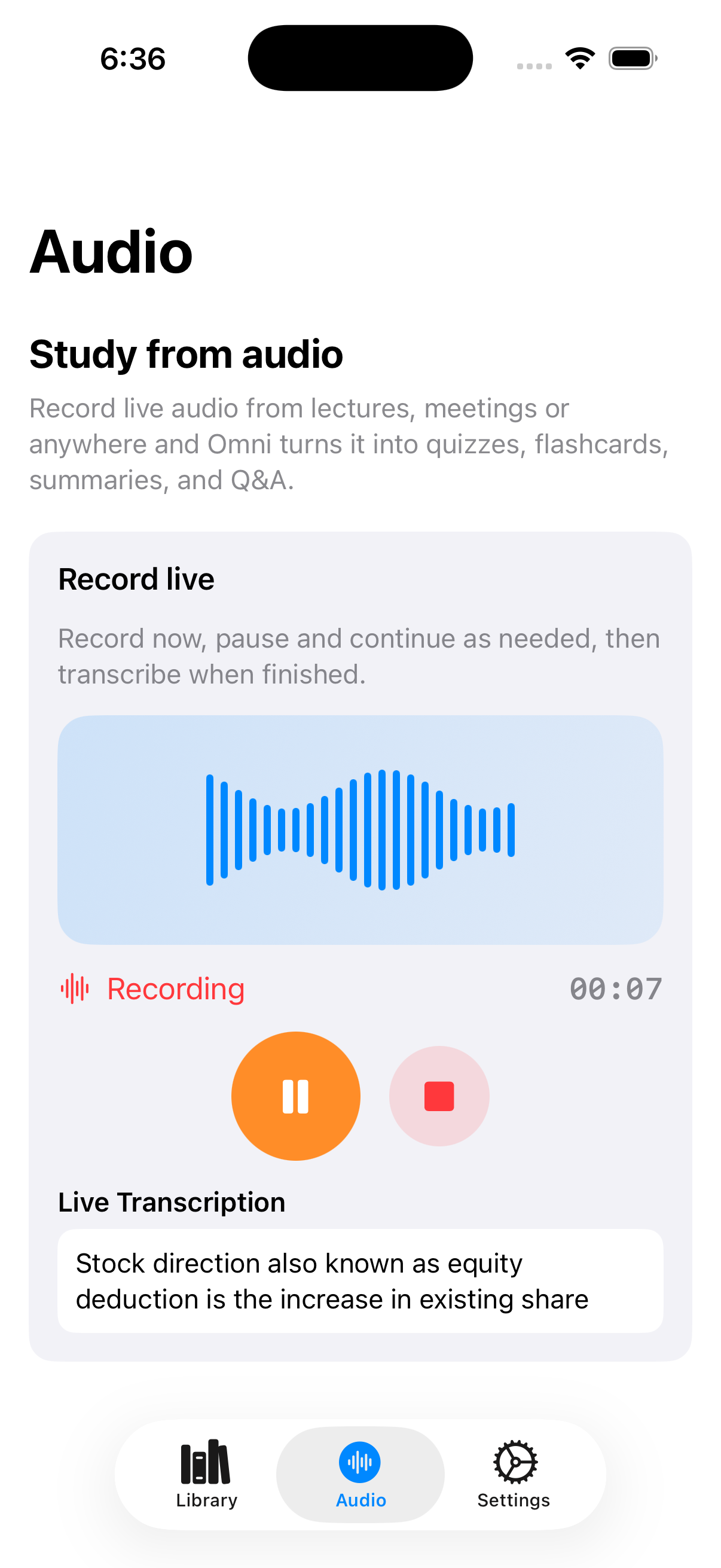 Omni live audio recording, transcription, and analysis screen